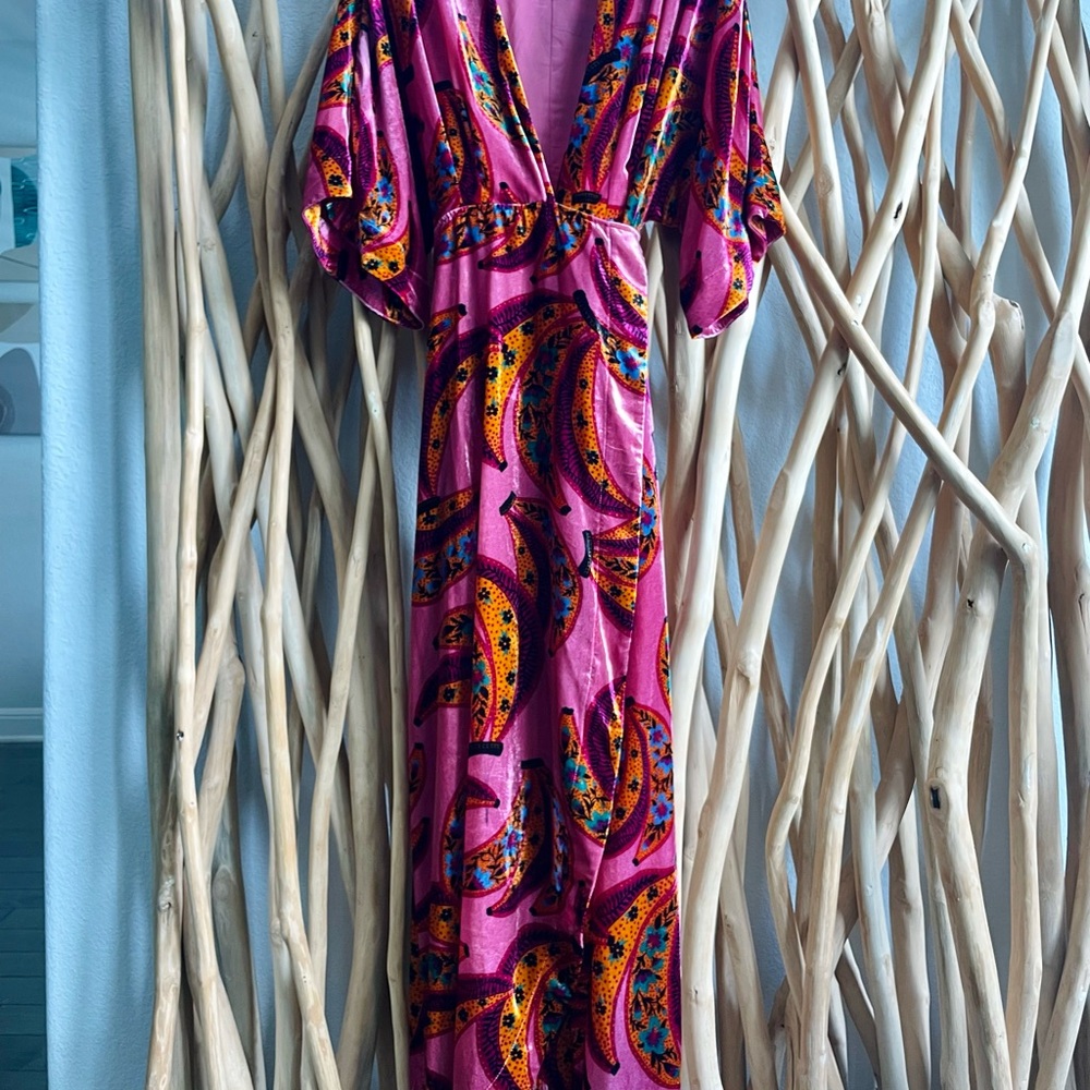 Farm Rio Velvet Pink Banana Flowers Maxi Wrap Dress Size Small
